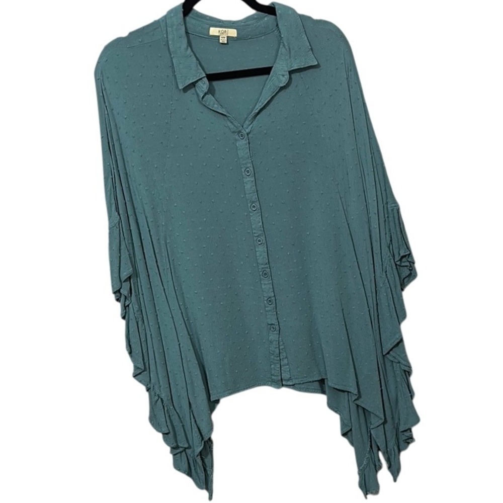 Kori Blue/Green‎ Button Down Top Blouse Collared Flowy Boxy Oversized Polka Dot